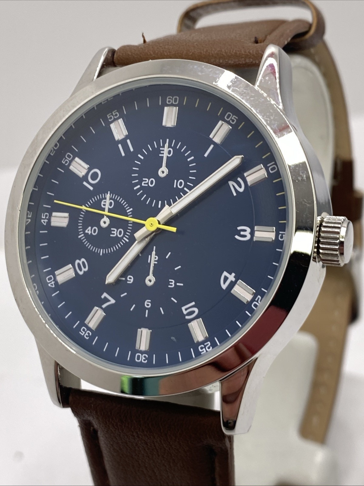 Mens Blue Dial Silver Brown Leather Watch New Battery